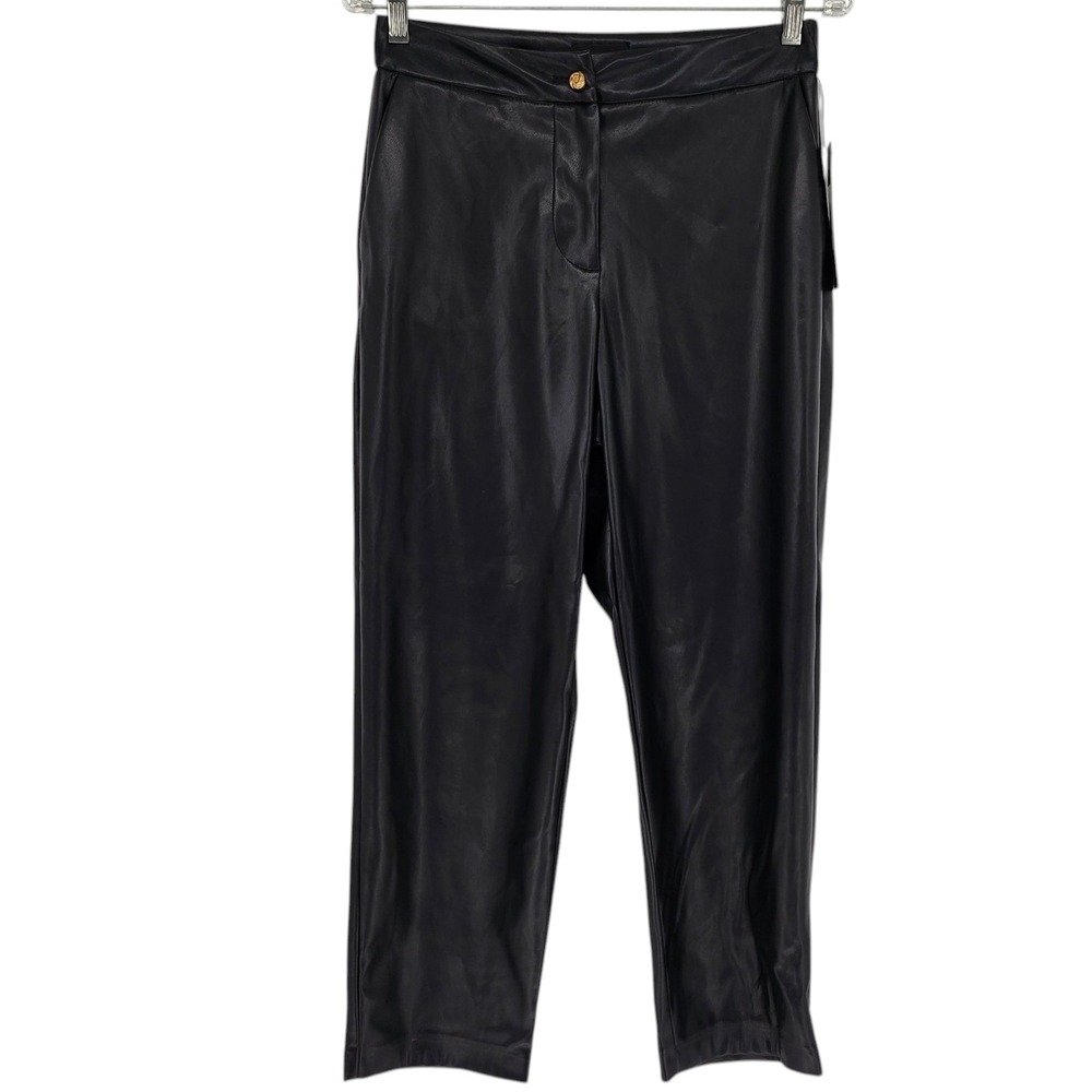 Donna Karan Black Vegan Leather Pants NWT 6 Sleek Straight Leg Cropped Slim